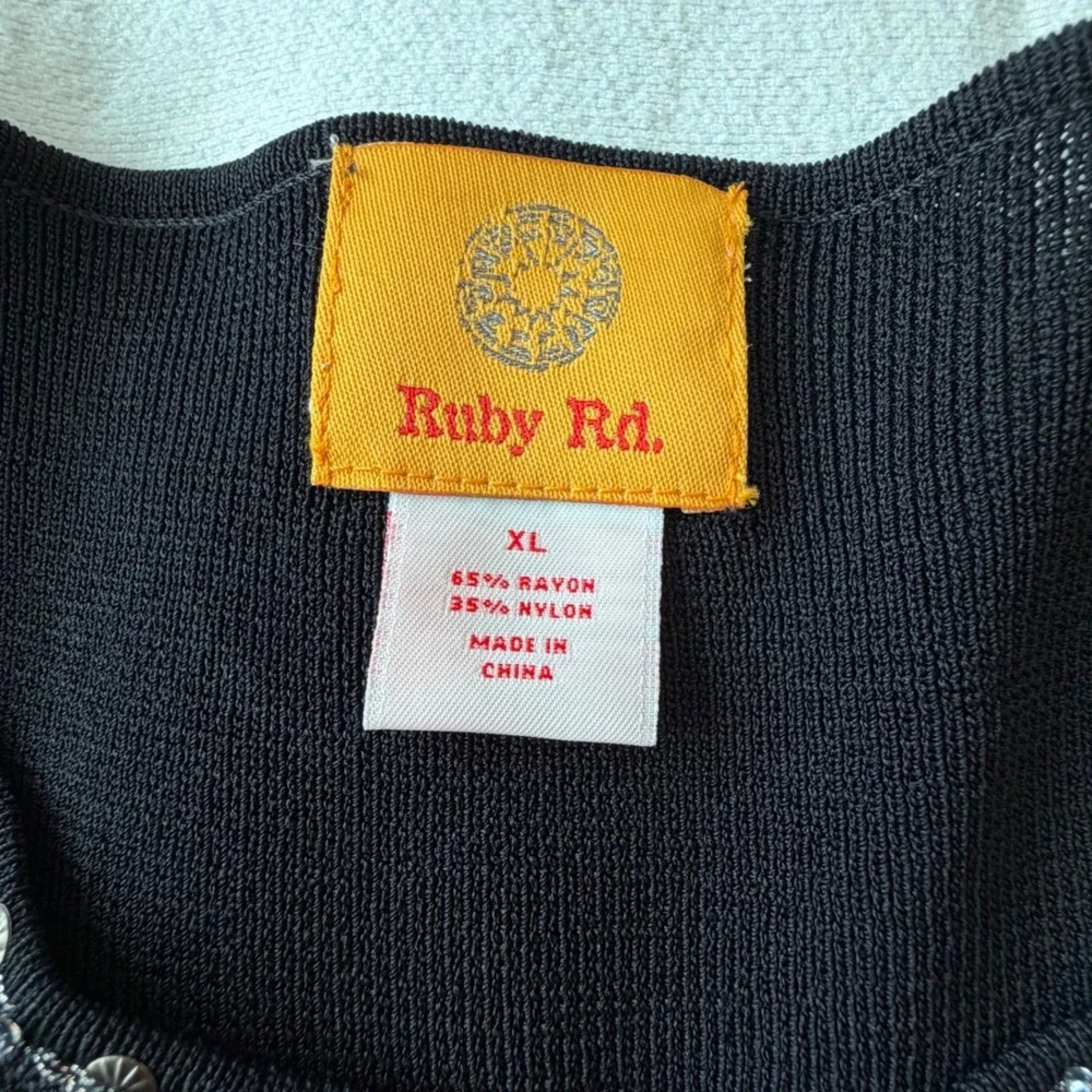 Ruby Rd Womens XL Black Knit Top Embellished Spiral Neckline Long Sleeve NWT